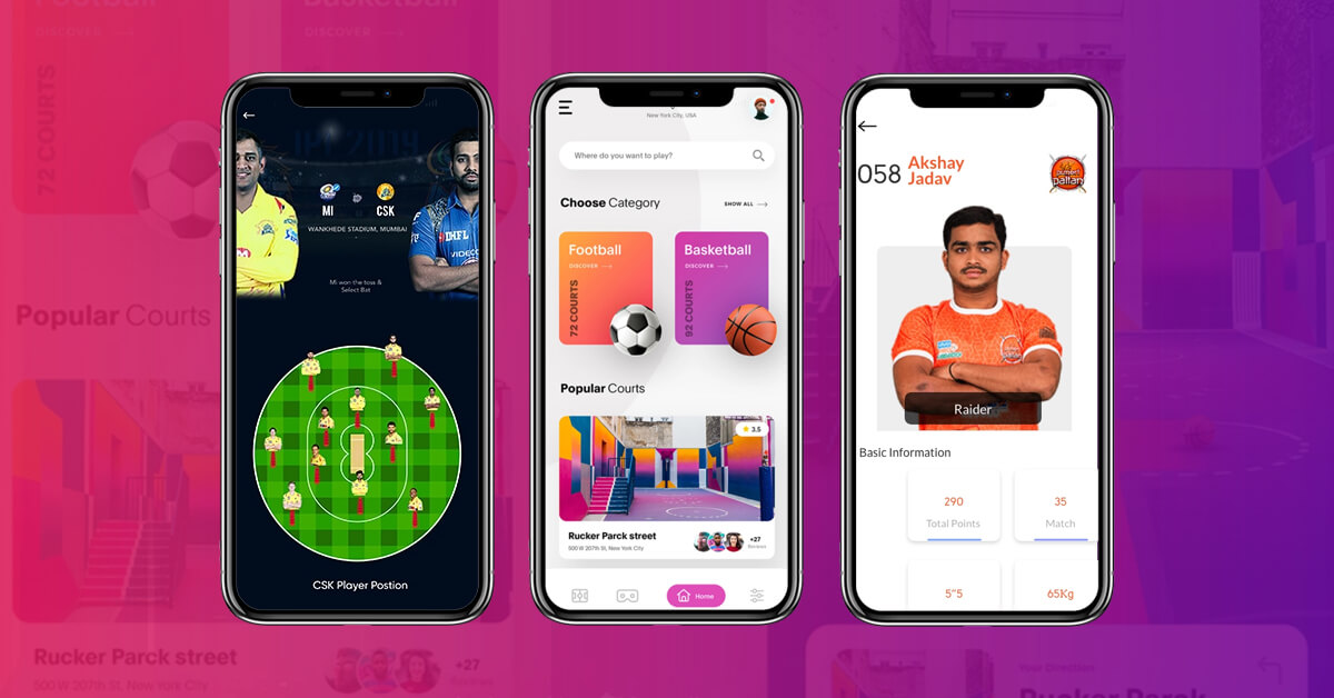 Different Sports Fantasy Apps screens like for Cricket, Football, Kabaddi