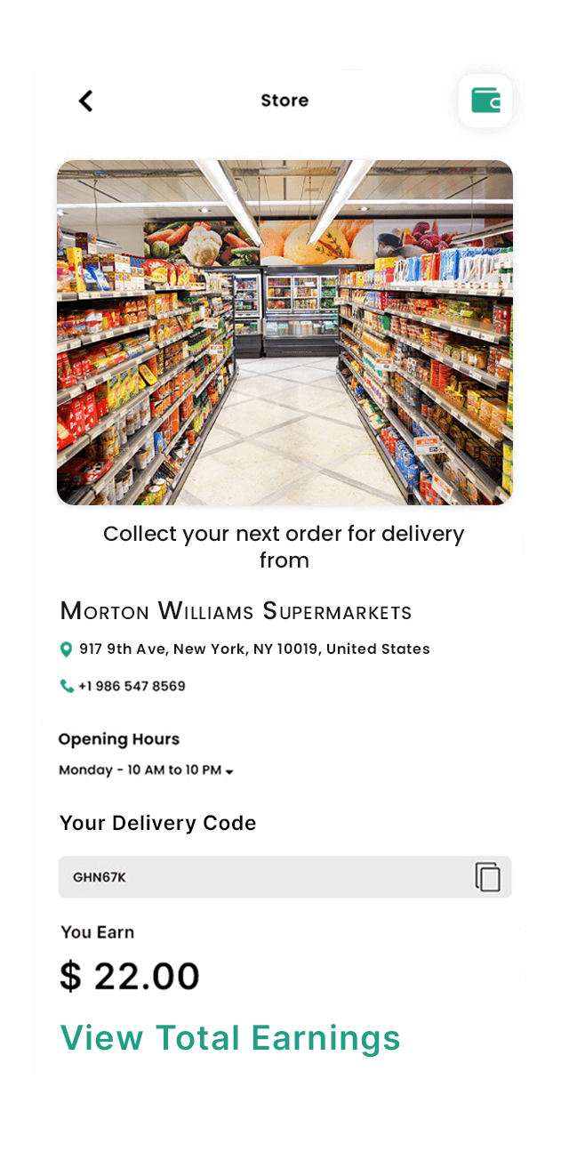 grocery app for delivery partneres store address and earnings screen