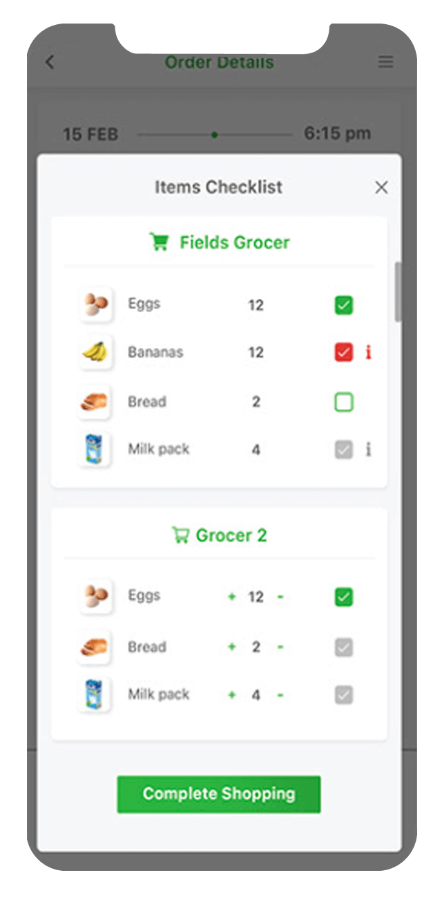 grocery app for delivery partners items checklist screen