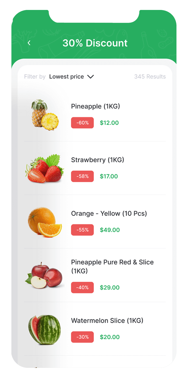 grocery app product listing mockup