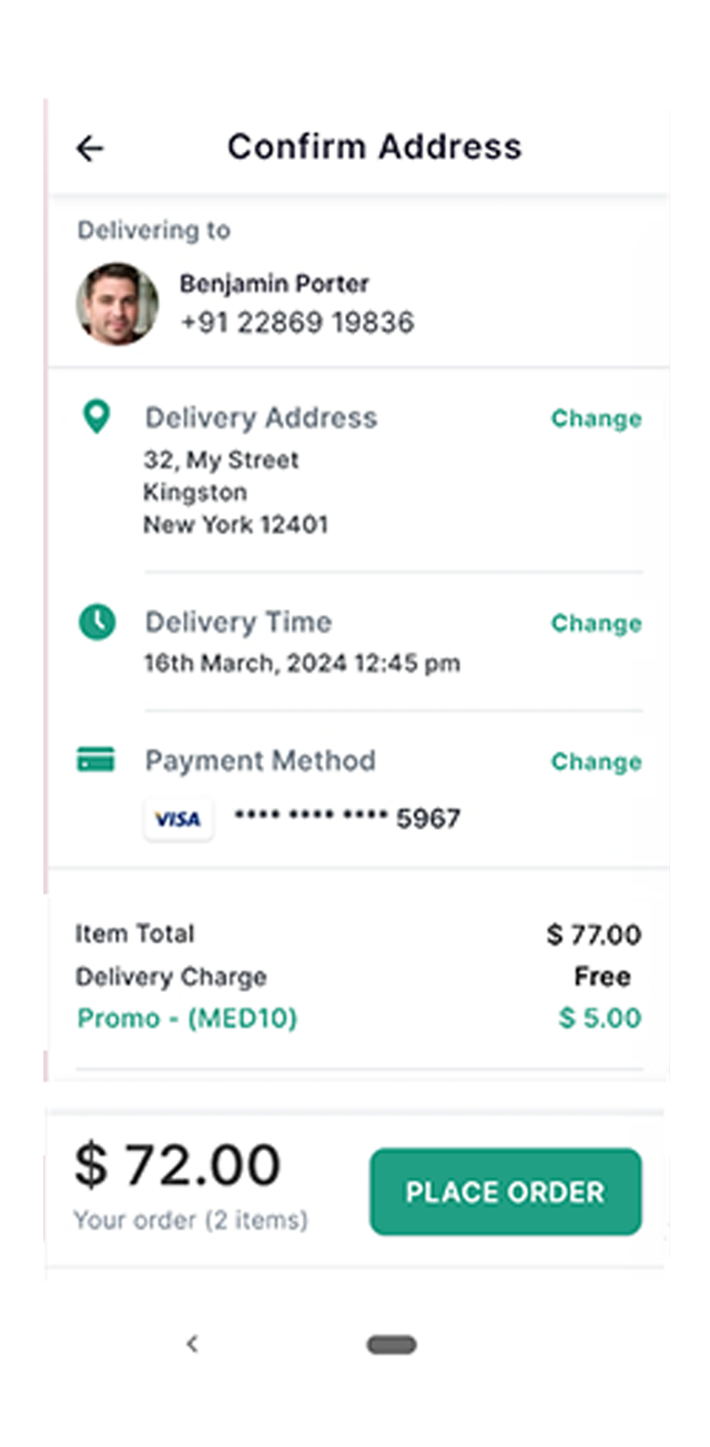 Medicine Delivery User App Address Confirmation Mockup
